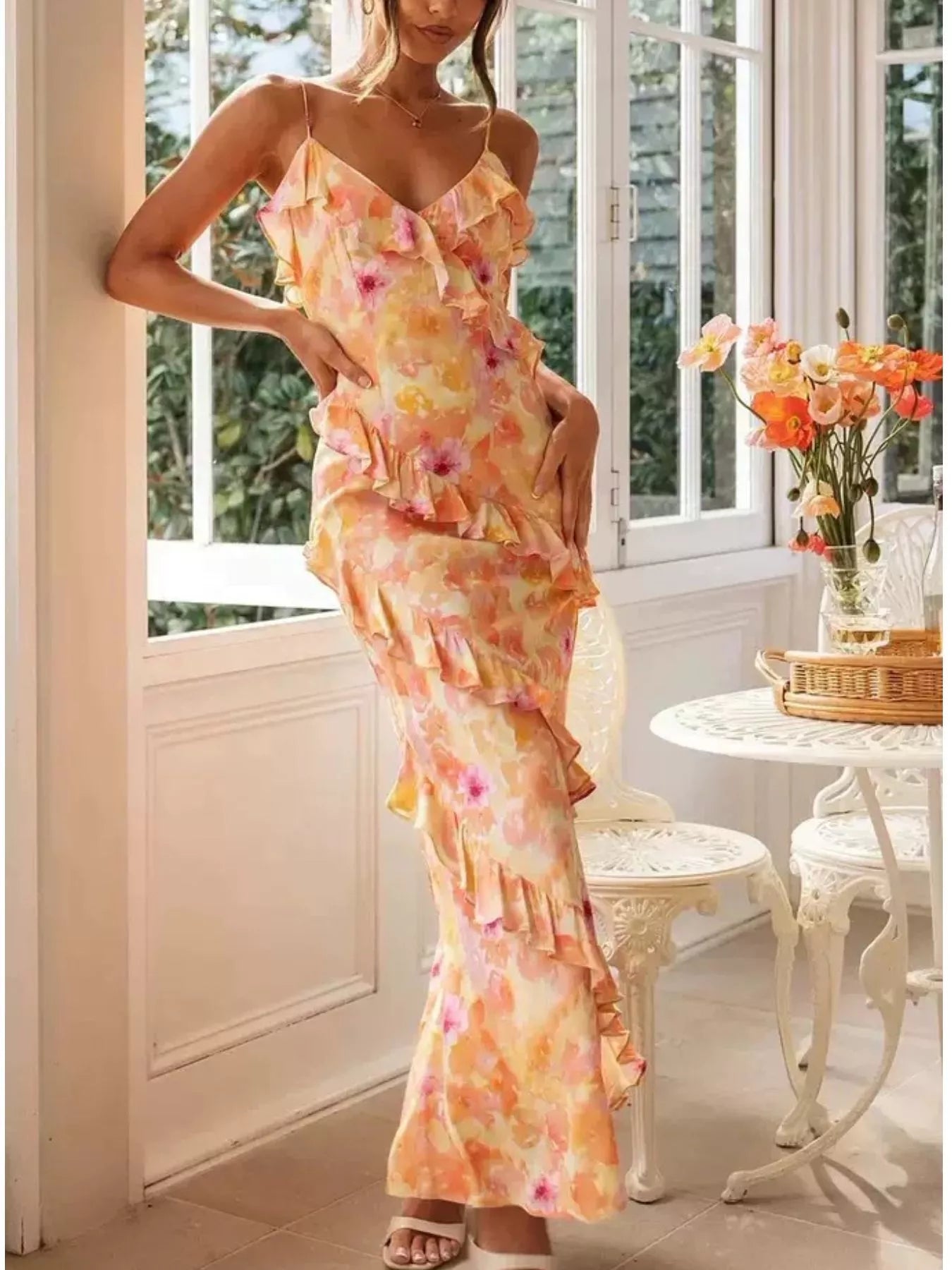 Floral Print Ruffle Trim Spaghetti Strap Maxi Dress