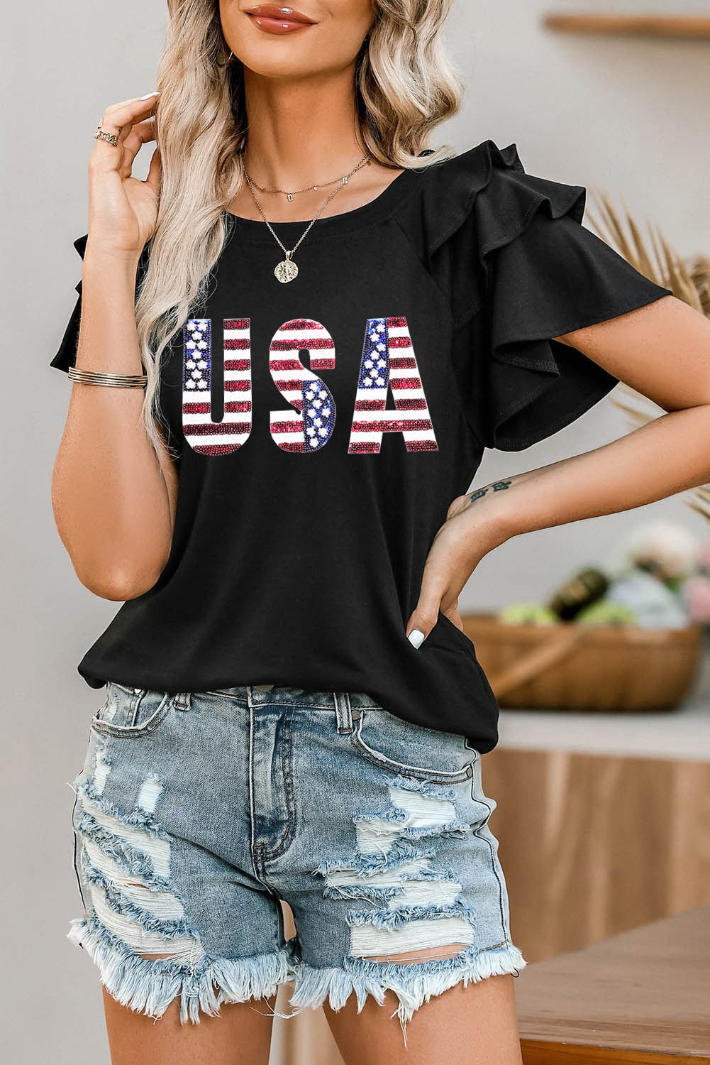 Explore More Collection - USA Round Neck Flounce Sleeve Top