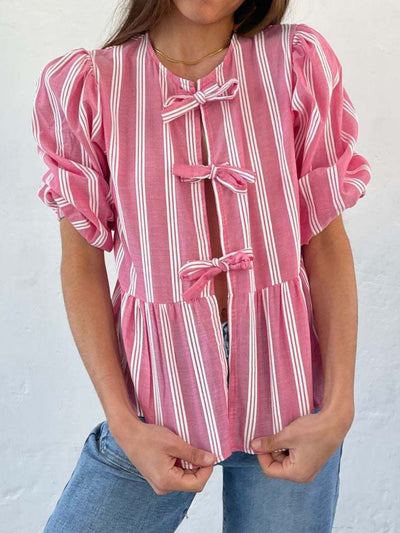 Explore More Collection - Tied Round Neck Balloon Sleeve Shirt