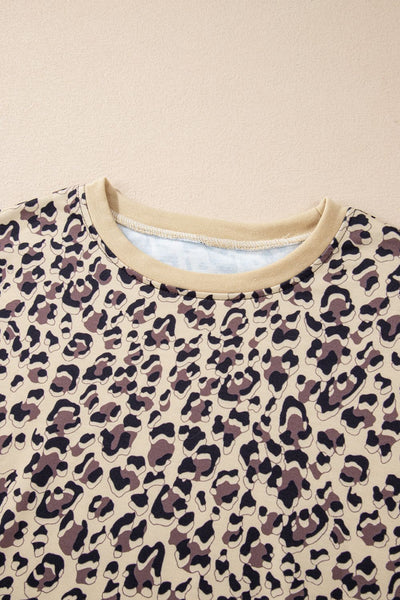 Explore More Collection - Slit Leopard Round Neck Long Sleeve Sweatshirt