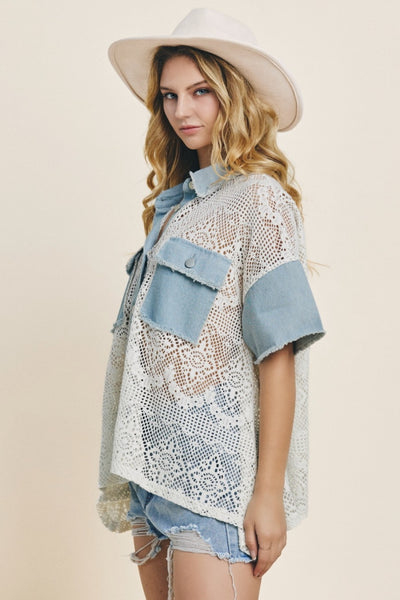 Explore More Collection - ODDI Button Up Short Sleeve Lace Shirt