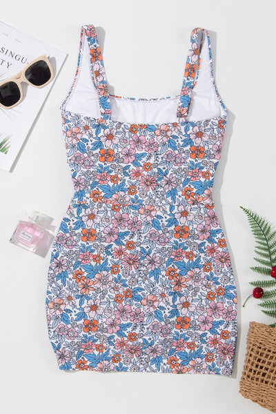 Explore More Collection - Drawstring Printed Wide Strap Swim Dress