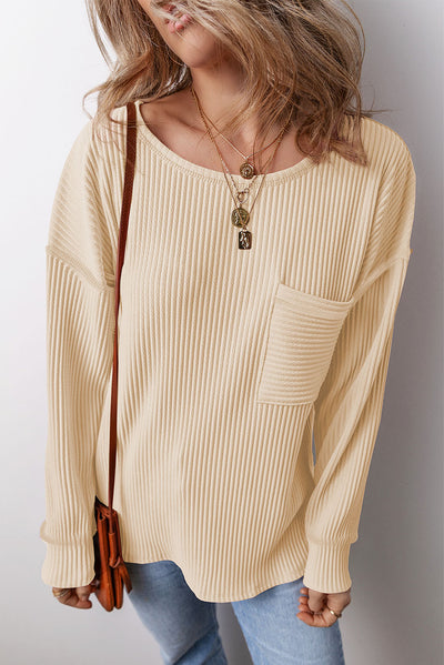 Explore More Collection - Pocketed Round Neck Long Sleeve Top