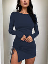 Explore More Collection - Side Drawstring Round Neck Long Sleeve Dress