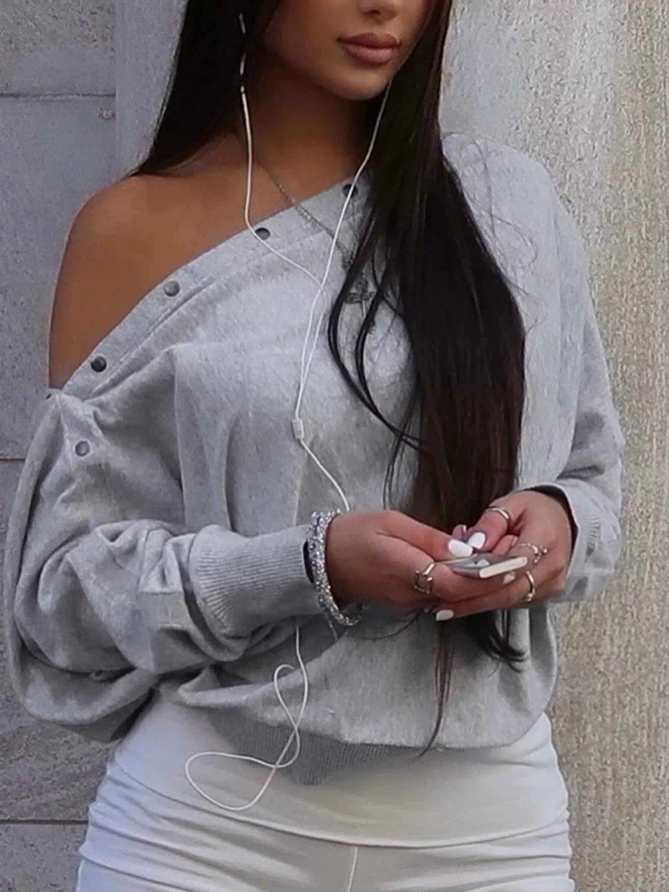 Studded Off Shoulder Long Sleeve T-Shirt