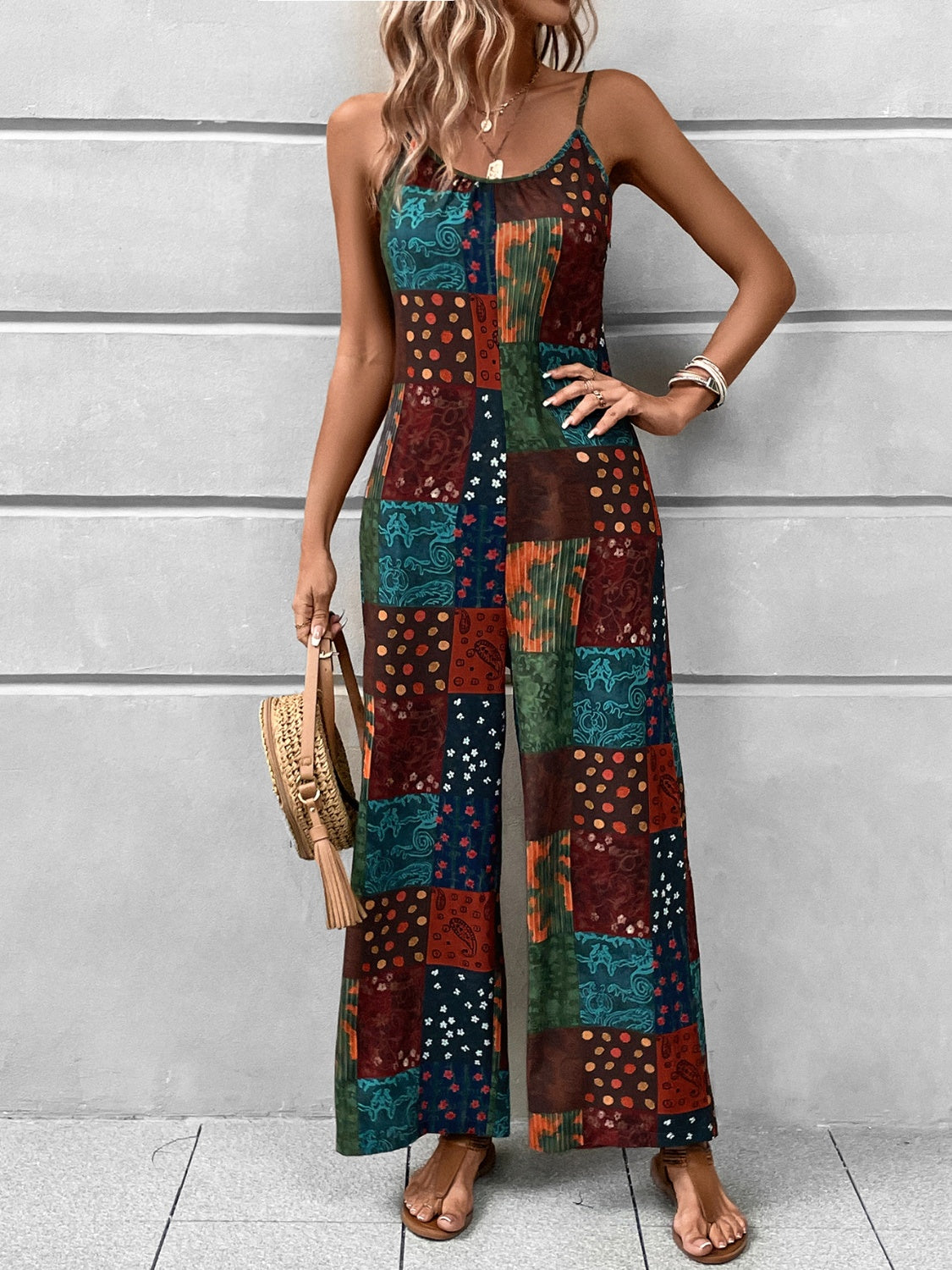 Explore More Collection - Printed Scoop Neck Spaghetti Strap Jumpsuit