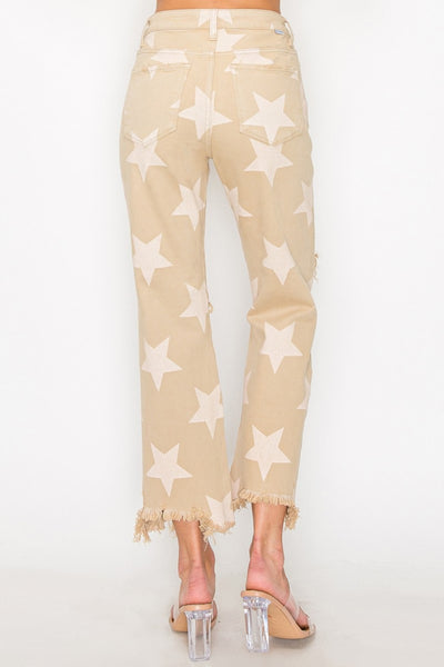 Explore More Collection - RISEN Full Size High Rise Star Printed Frayed Hem Jeans