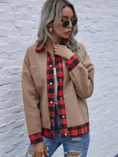 Explore More Collection - Plaid Trim Long Sleeve Jacket