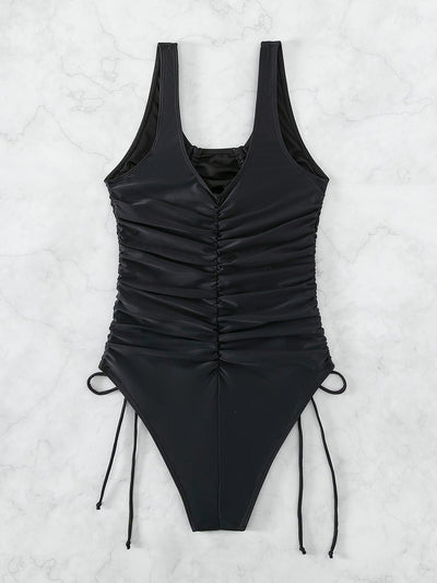 Explore More Collection - Drawstring Scoop Neck Wide Strap One-Piece Swimwear