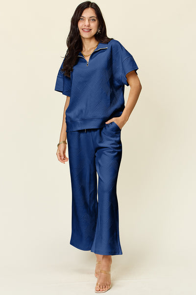 Explore More Collection - Double Take Full Size Texture Half Zip Short Sleeve Top and Pants Set