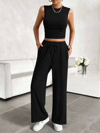 Explore More Collection - Mock Neck Sleeveless Top and Drawstring Pants Set