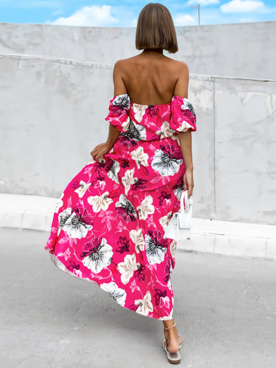 Explore More Collection - Pleated Floral Off-Shoulder Short Sleeve Midi Dress