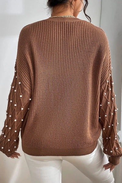 Explore More Collection - Pearl Detail Round Neck Long Sleeve Sweater