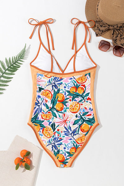 Explore More Collection - Printed V-Neck Tie Shoulder One-Piece Swimwear