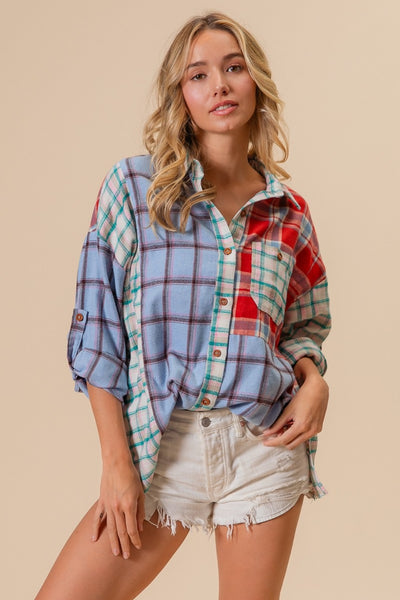 Explore More Collection - BiBi Color Block Plaid Button Down Shirt