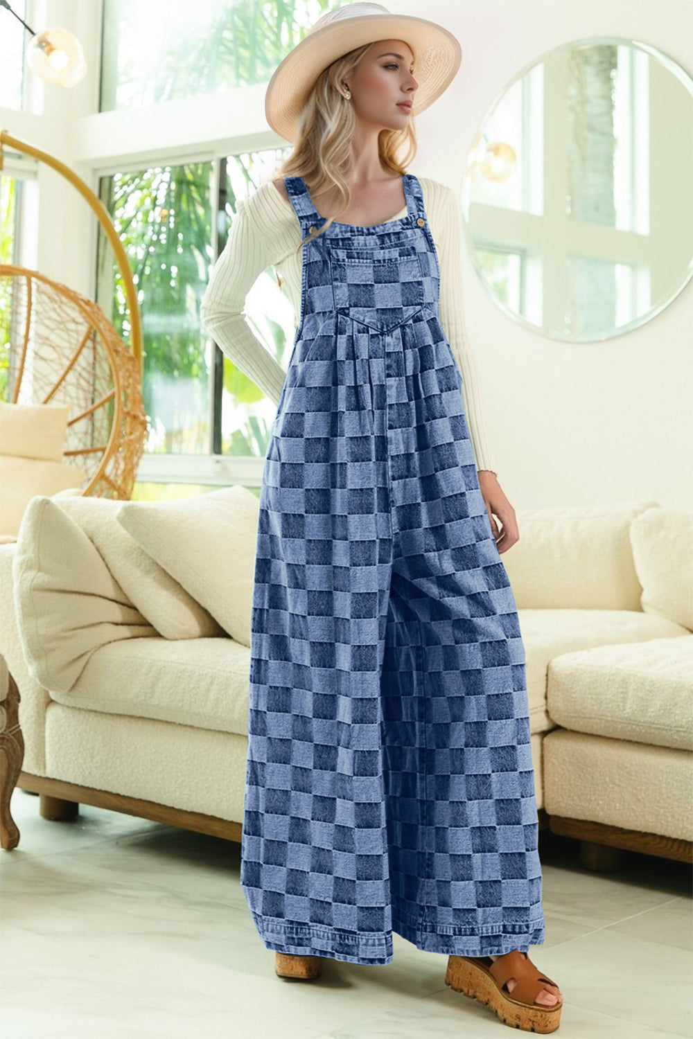 Explore More Collection - Double Take Checkered Sleeveless Wide Leg Denim Jumpsuit