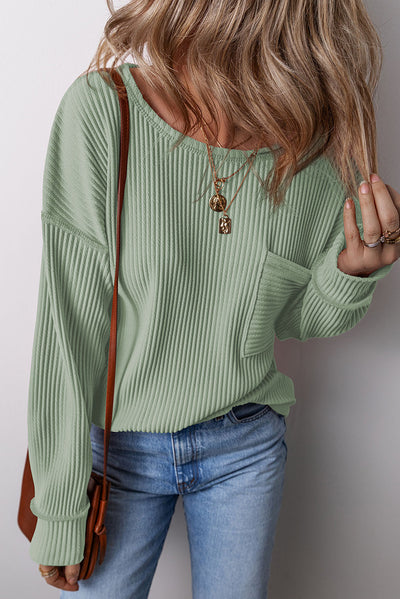 Explore More Collection - Pocketed Round Neck Long Sleeve Top