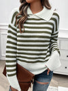 Explore More Collection - Striped Collared Neck Long Sleeve Sweater