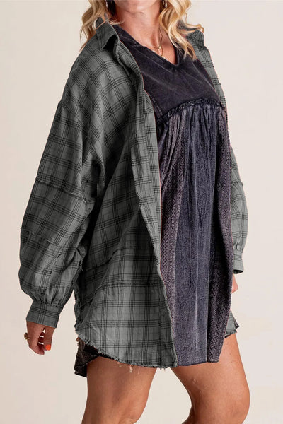 Explore More Collection - Exposed Seam Plaid Collared Neck Long Sleeve Shirt