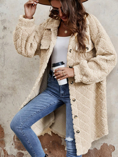 Explore More Collection - Fuzzy Button Up Dropped Shoulder Long Sleeve Coat