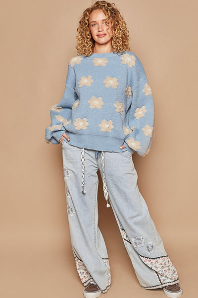 Explore More Collection - POL Daisy Pattern Drop Shoulder Sweater