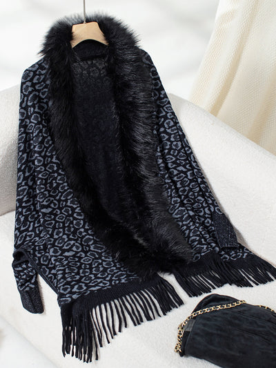 Explore More Collection - Fringe Leopard Open Front Long Sleeve Poncho