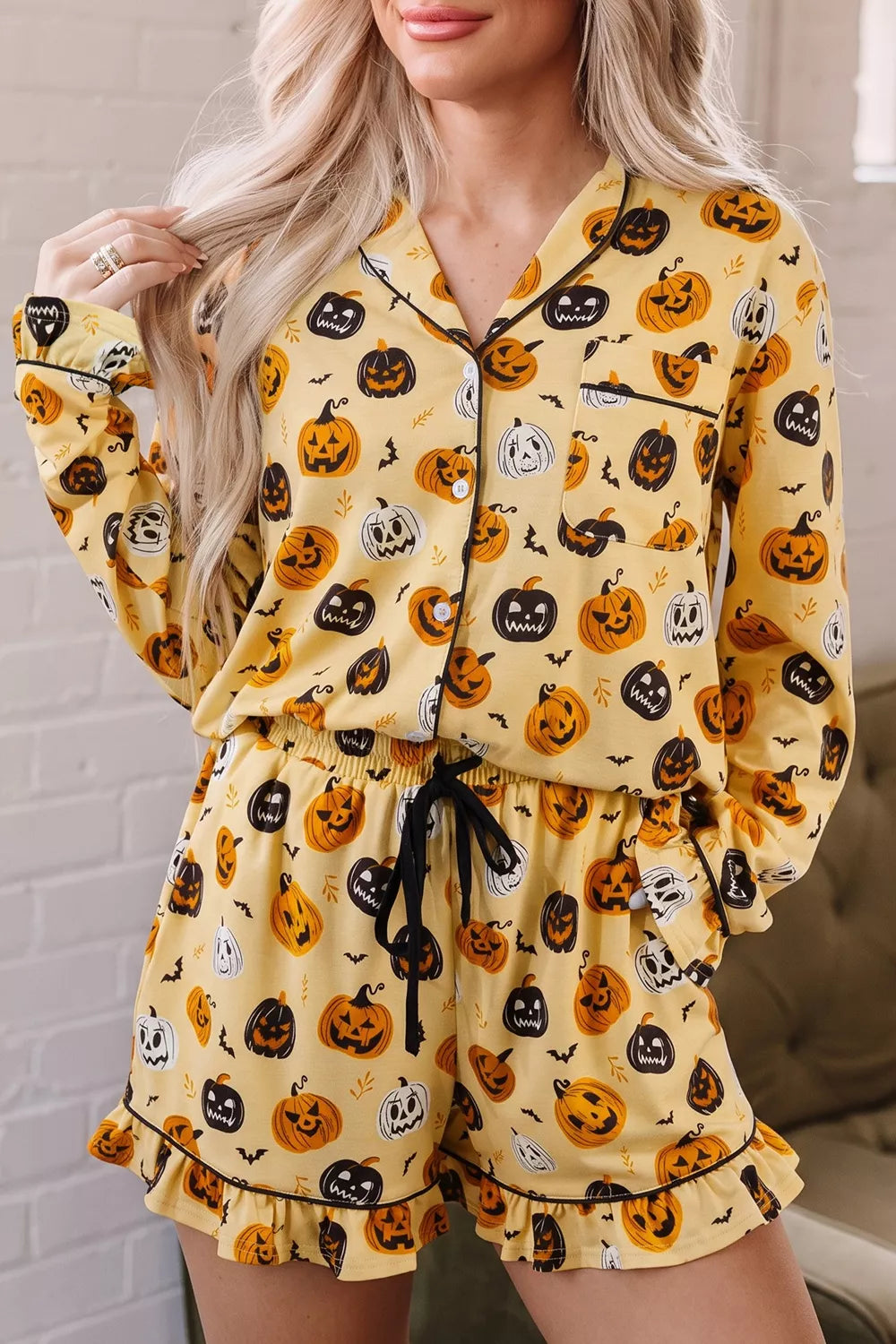 Halloween Pumpkin Print Long Sleeve Two Piece Lounge Set