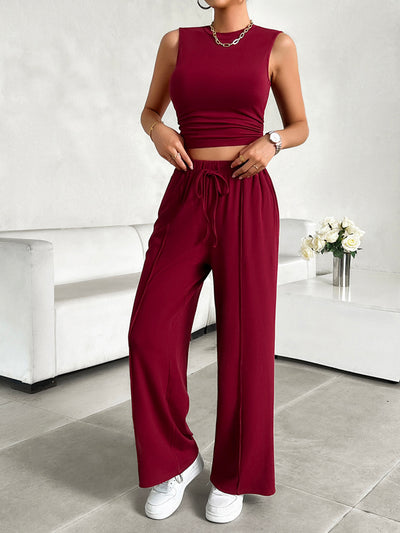 Explore More Collection - Mock Neck Sleeveless Top and Drawstring Pants Set