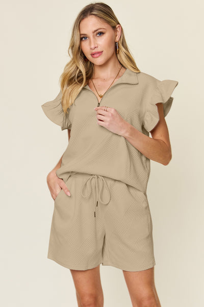 Explore More Collection - Double Take Full Size Texture Flounce Sleeve Top and Drawstring Shorts Set