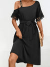 Explore More Collection - Lace Detail Asymmetrical Neck Short Sleeve Dress