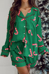 Explore More Collection - Candy Cane Collared Neck Long Sleeve Top and Shorts Lounge Set