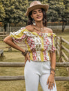 Explore More Collection - Ruffled Printed Off-Shoulder Short Sleeve Blouse