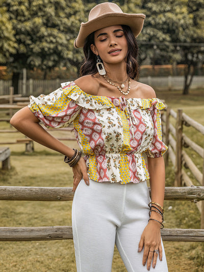 Explore More Collection - Ruffled Printed Off-Shoulder Short Sleeve Blouse