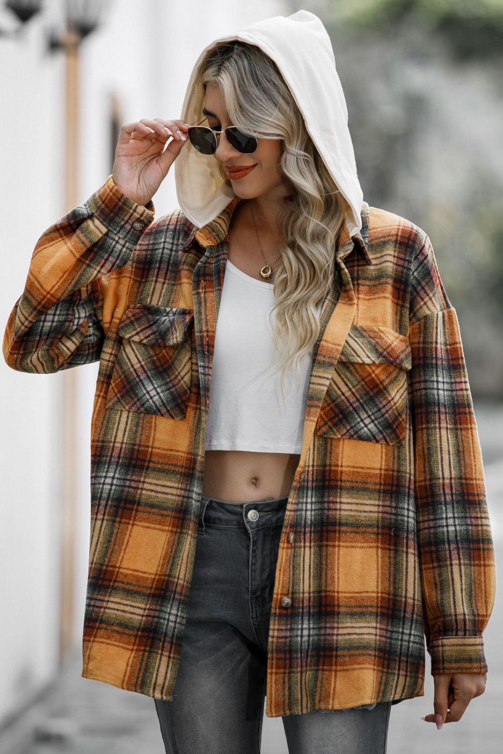 Explore More Collection - Drawstring Plaid Long Sleeve Hooded Shacket