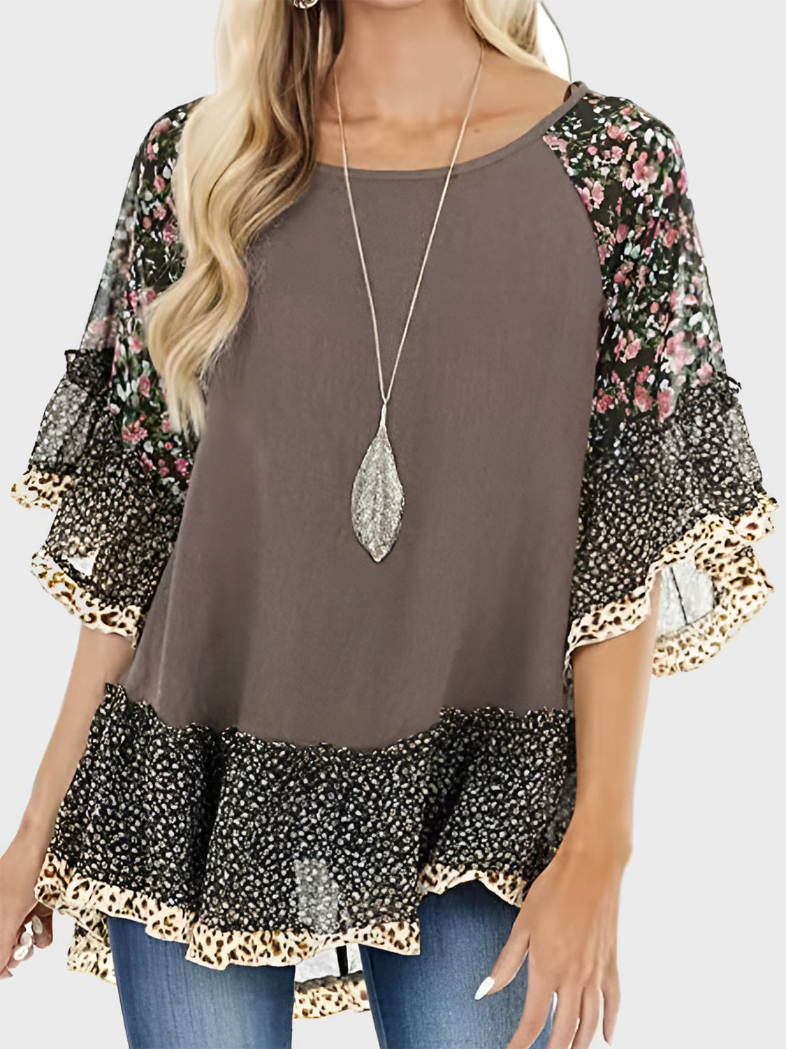 Explore More Collection - Full Size Frill Printed Round Neck Half Sleeve Blouse