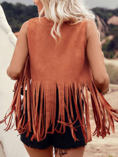 Explore More Collection - Fringe Studded Open Front Vest Coat