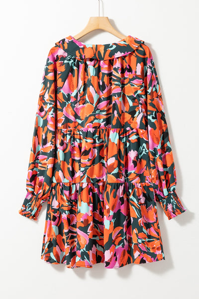 Explore More Collection - Printed Tie Neck Lantern Sleeve Mini Dress