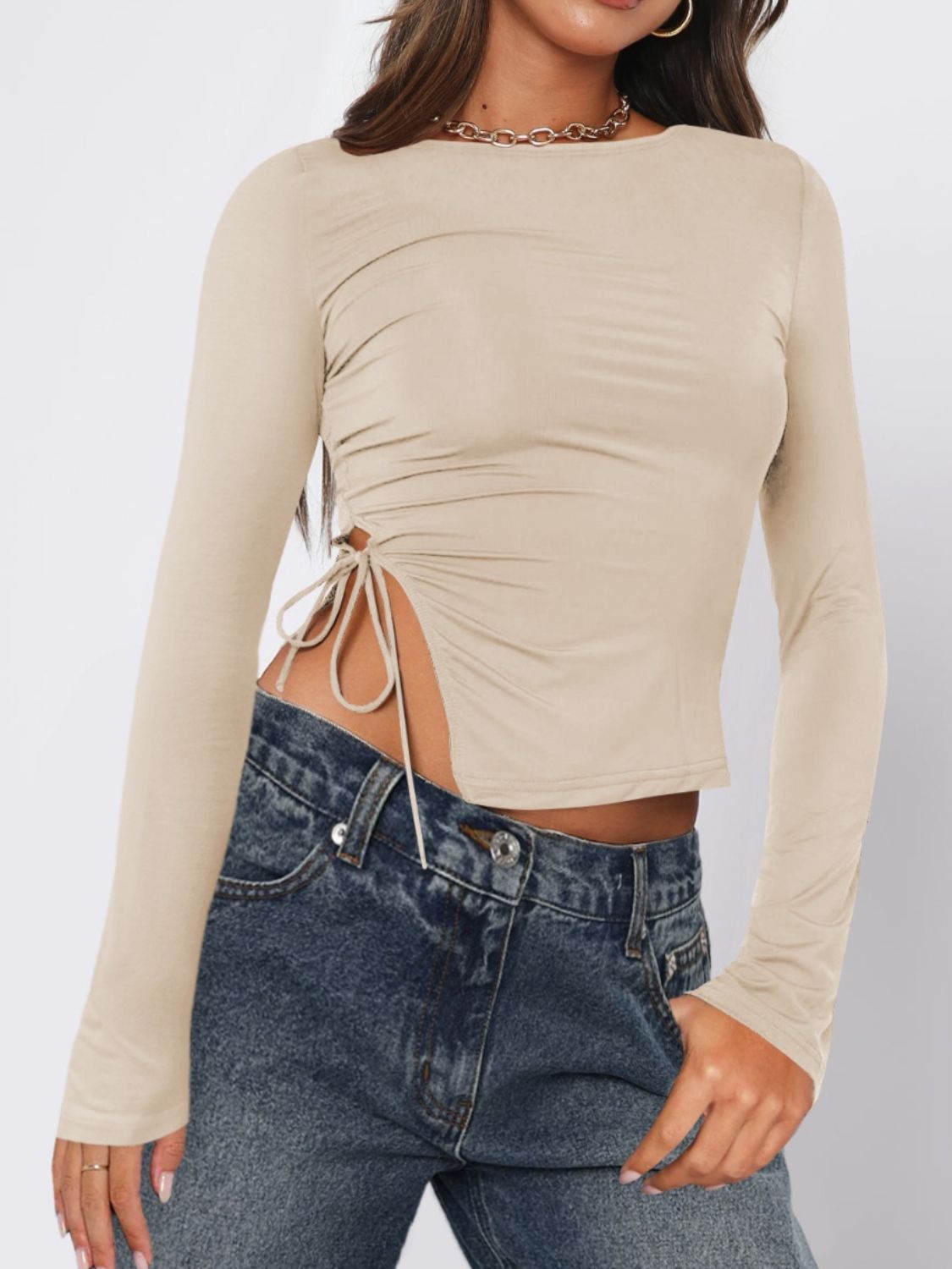 Explore More Collection - Tied Slit Round Neck Long Sleeve T-Shirt