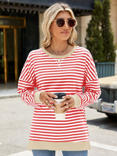 Explore More Collection - Slit Striped Round Neck Long Sleeve Sweatshirt