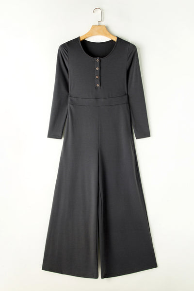 Explore More Collection - Pocketed Long Sleeve Wide Leg Jumpsuit