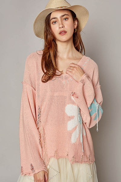 Explore More Collection - POL Distressed Flower V-Neck Dropped Shoulder Knit Top