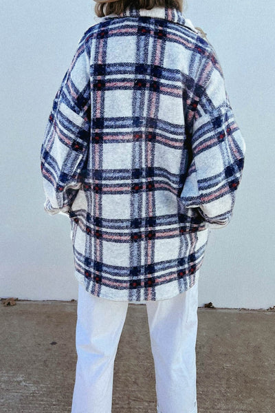 Explore More Collection - Pocketed Plaid Dropped Shoulder Coat