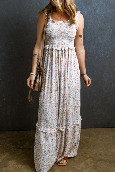 Explore More Collection - Ruffled Smocked Printed Sleeveless Maxi Dress