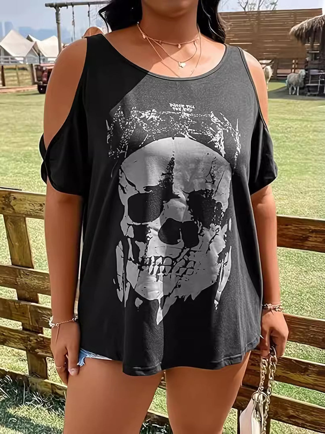 Explore More Collection - Plus Size Skeleton Graphic Round Neck Cold Shoulder T-Shirt