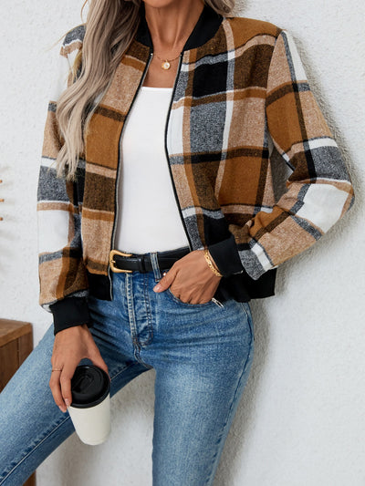 Explore More Collection - Plaid Zip Up Long Sleeve Jacket