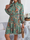 Explore More Collection - Pleated Printed Tie Neck Long Sleeve Dress