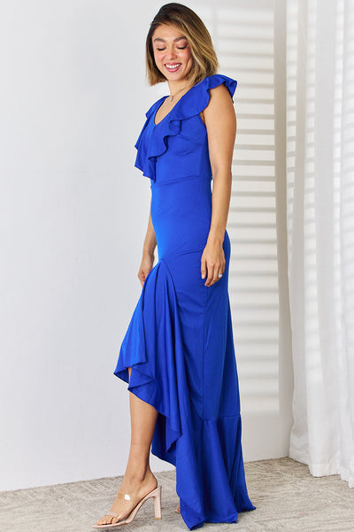 Explore More Collection - Ruffled V-Neck High-Low Dress