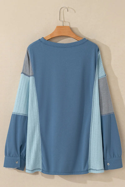 Explore More Collection - Patchwork Color Block Round Neck Long Sleeve Top