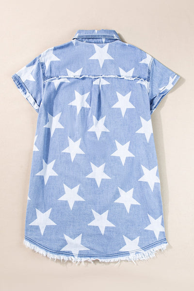 Explore More Collection - Raw Hem Star Short Sleeve Denim Dress