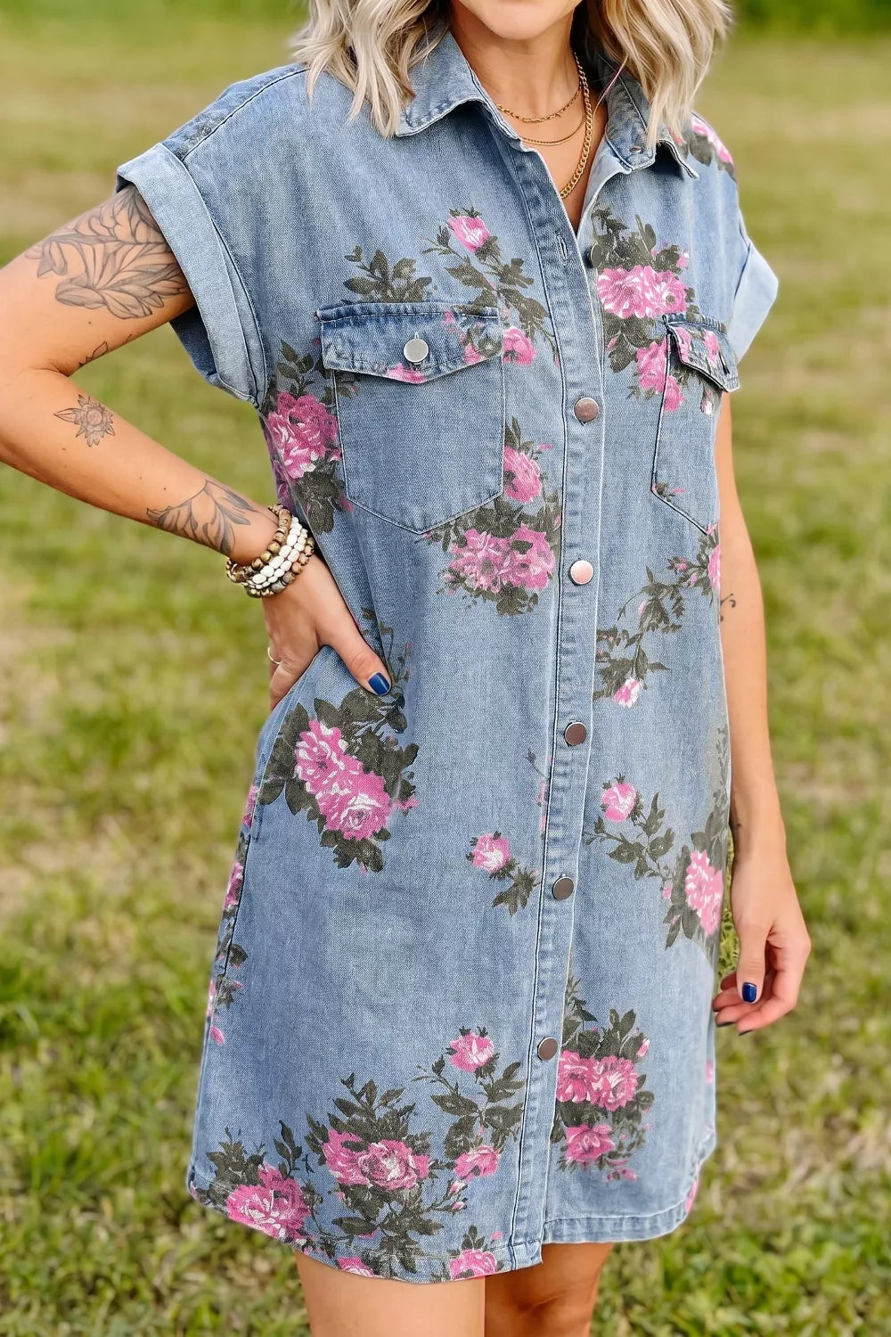 Floral Print Denim Shirt Dress Medium / L